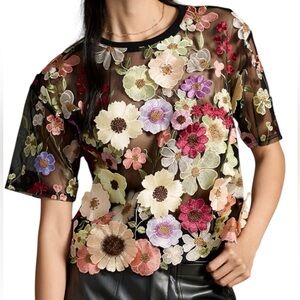 Dolan Sheer Black Floral Embroidered Short Sleeve Blouse